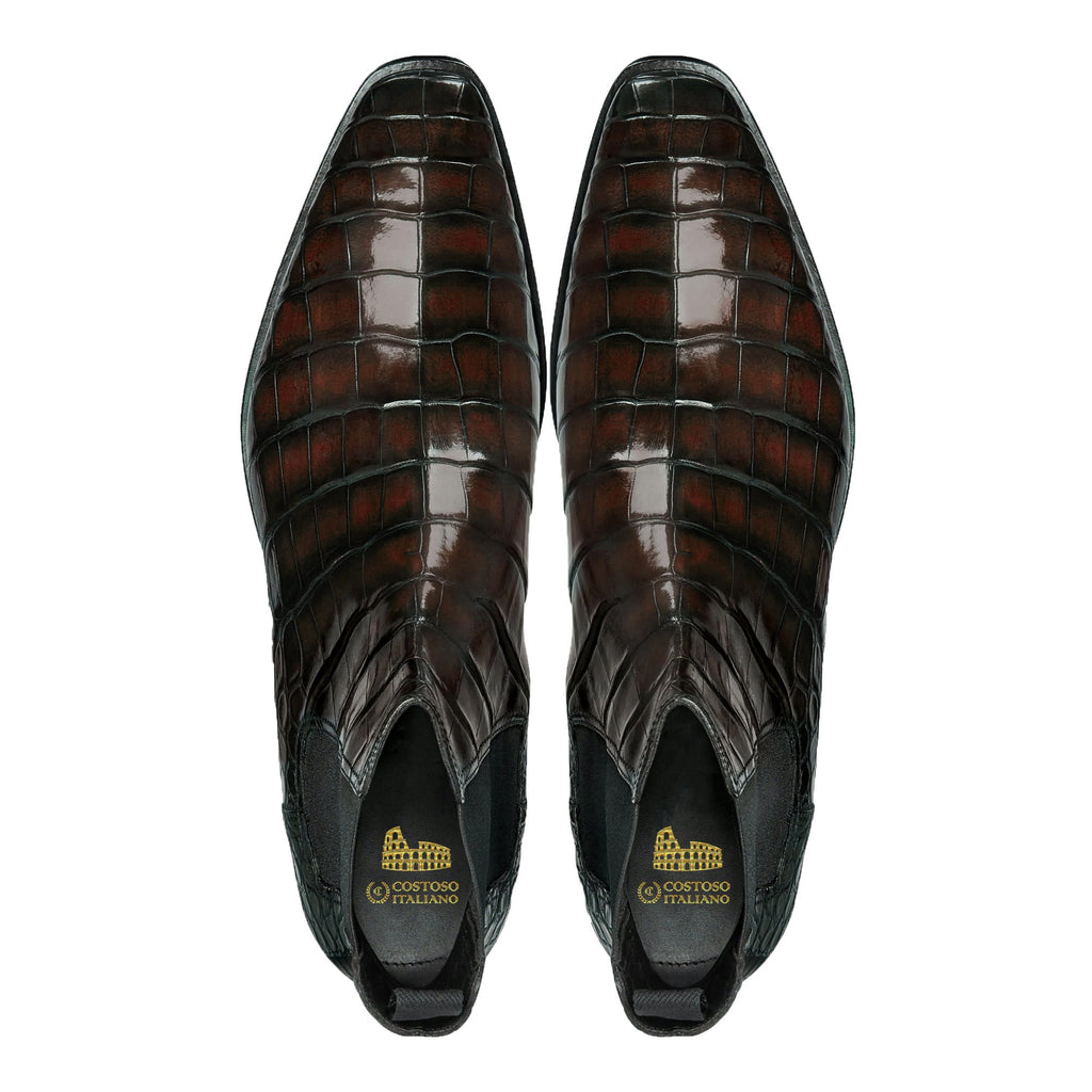 Flat Feet Shoes - Brown Alligator Textured Leather Evington Chelsea Slip On Boots with Arch Support