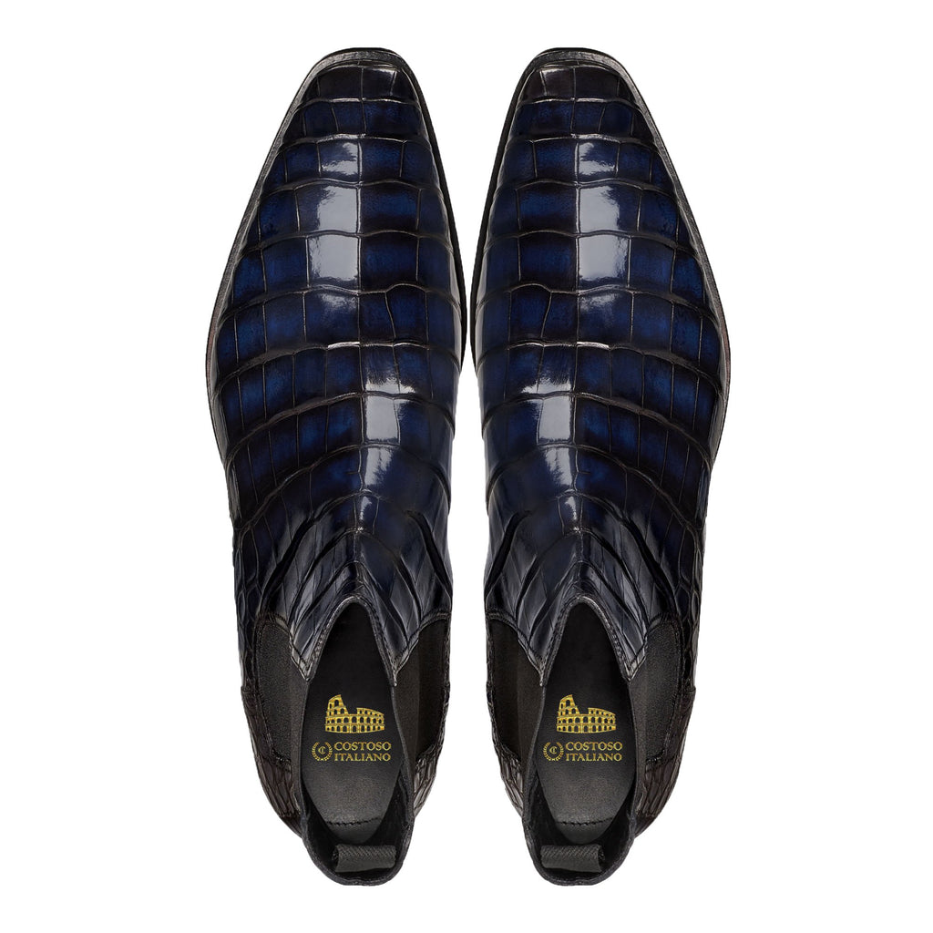 Flat Feet Shoes - Navy Blue Alligator Textured Leather Evington Chelsea Slip On Boots with Arch Support