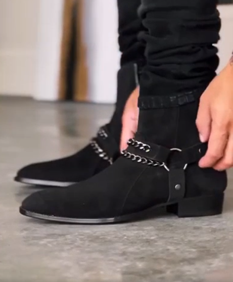 Black Suede Ravian Harness Chelsea Boots with Chains