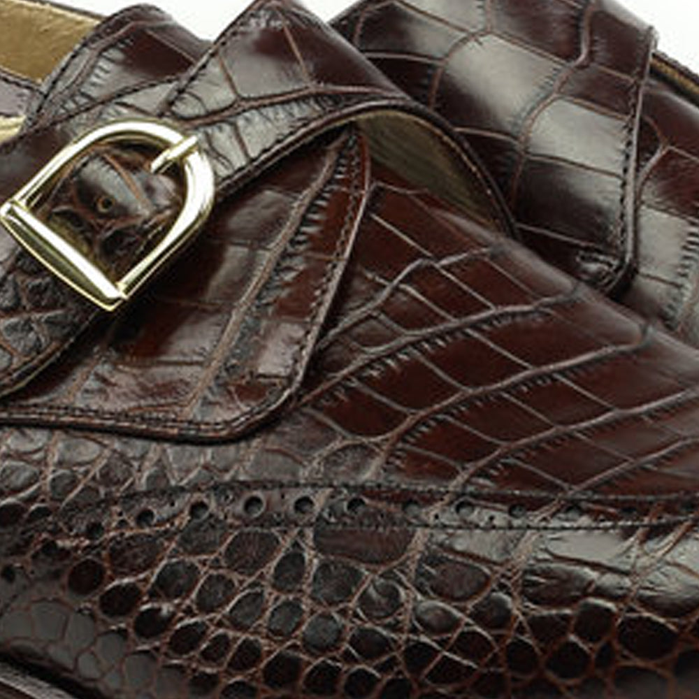Height Increasing Goodyear Welted Guarda Brown Leather Croc Print Double Monk Strap With Violin Leather Sole