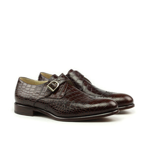 Height Increasing Goodyear Welted Guarda Brown Leather Croc Print Double Monk Strap With Violin Leather Sole