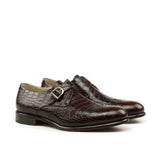 Flat Feet Shoes - Goodyear Welted Guarda Brown Leather Croc Print Double Monk Strap With Violin Leather Sole with Arch Support