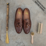 Height Increasing Brown Hand Woven Braided Leather Acton Tassel Loafers