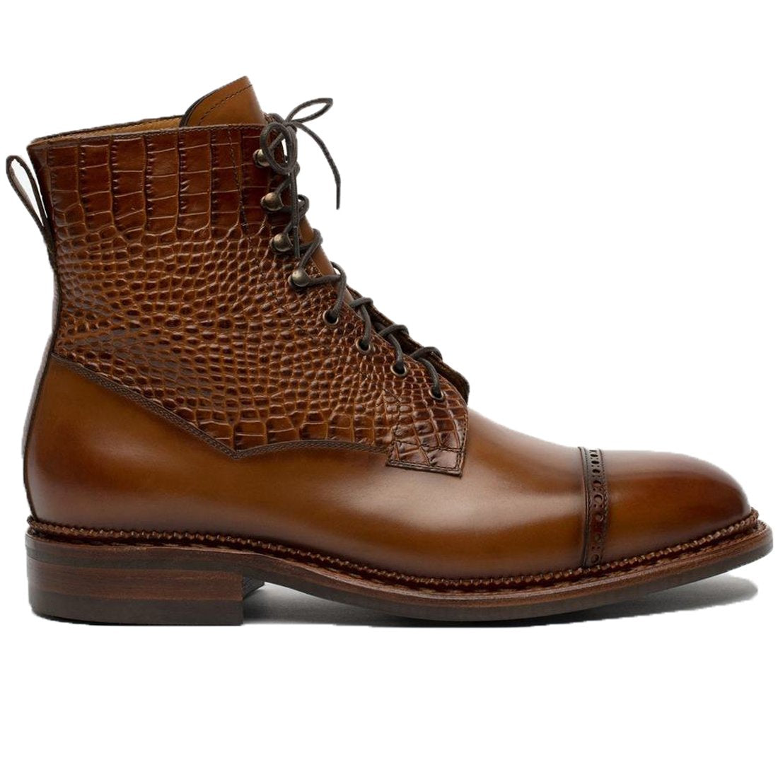Flat Feet Shoes - Tan Alligator Textured Leather Furzton Lace Up Boots with Arch Support