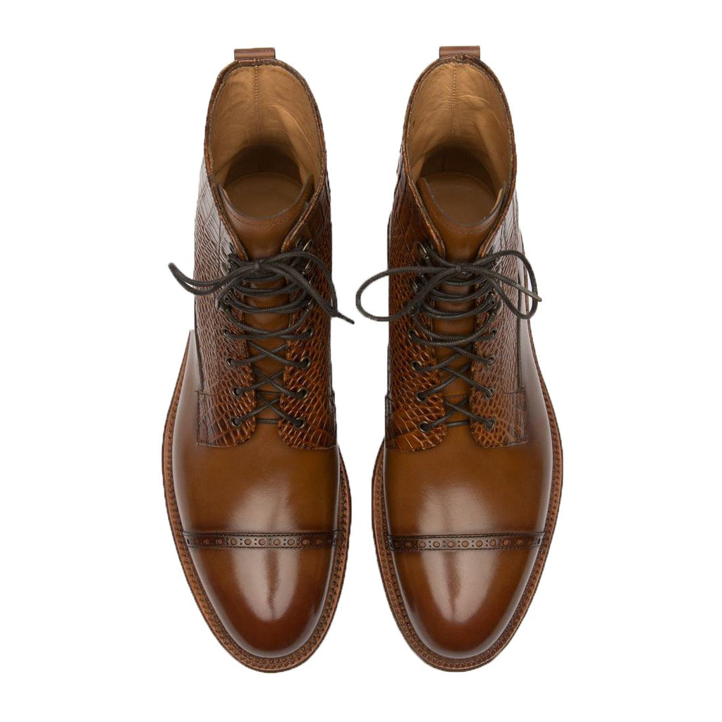 Flat Feet Shoes - Tan Alligator Textured Leather Furzton Lace Up Boots with Arch Support
