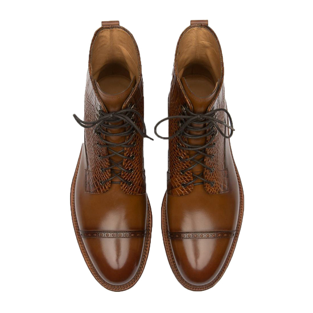 Height Increasing Tan Alligator Textured Leather Furzton Lace Up Boots