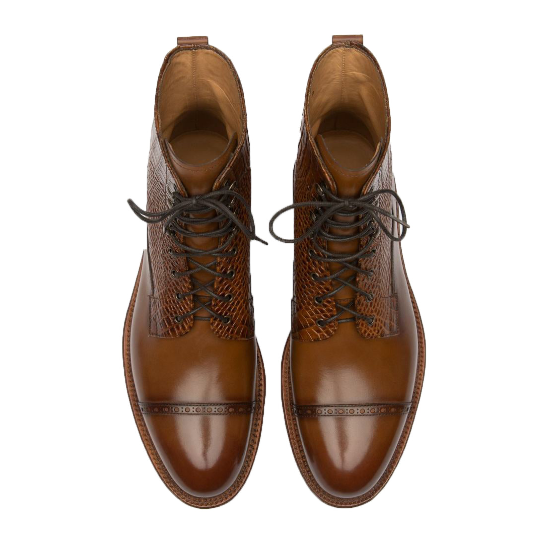 Height Increasing Tan Alligator Textured Leather Furzton Lace Up Boots