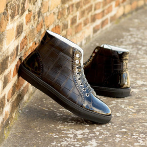 Height Increasing Black Crocodile Print Leather Rotorua High Top Sneaker Boots