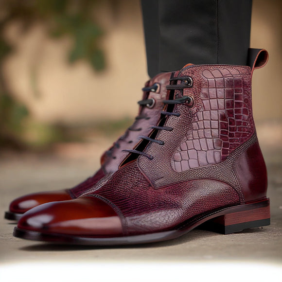 Burgundy Brown Croc Print Textured Leather Fraser Lace Up Derby Boot For Men