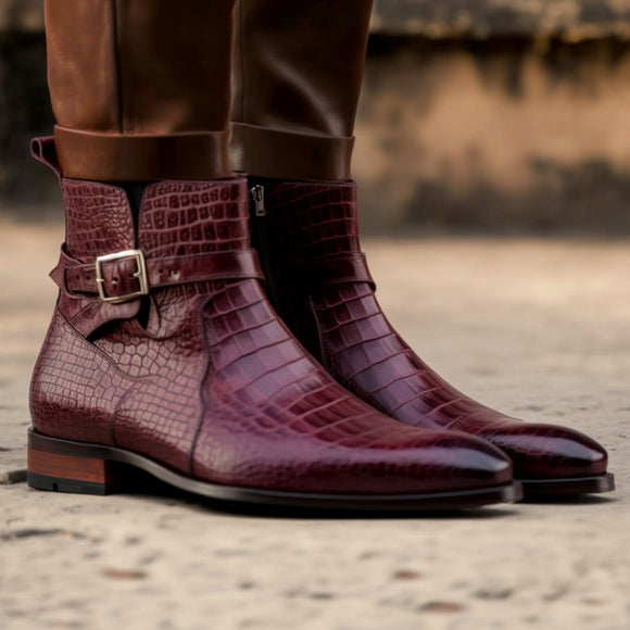 Burgundy Brown Croc Print Leather Slip On Fraser Jodhpur Boots