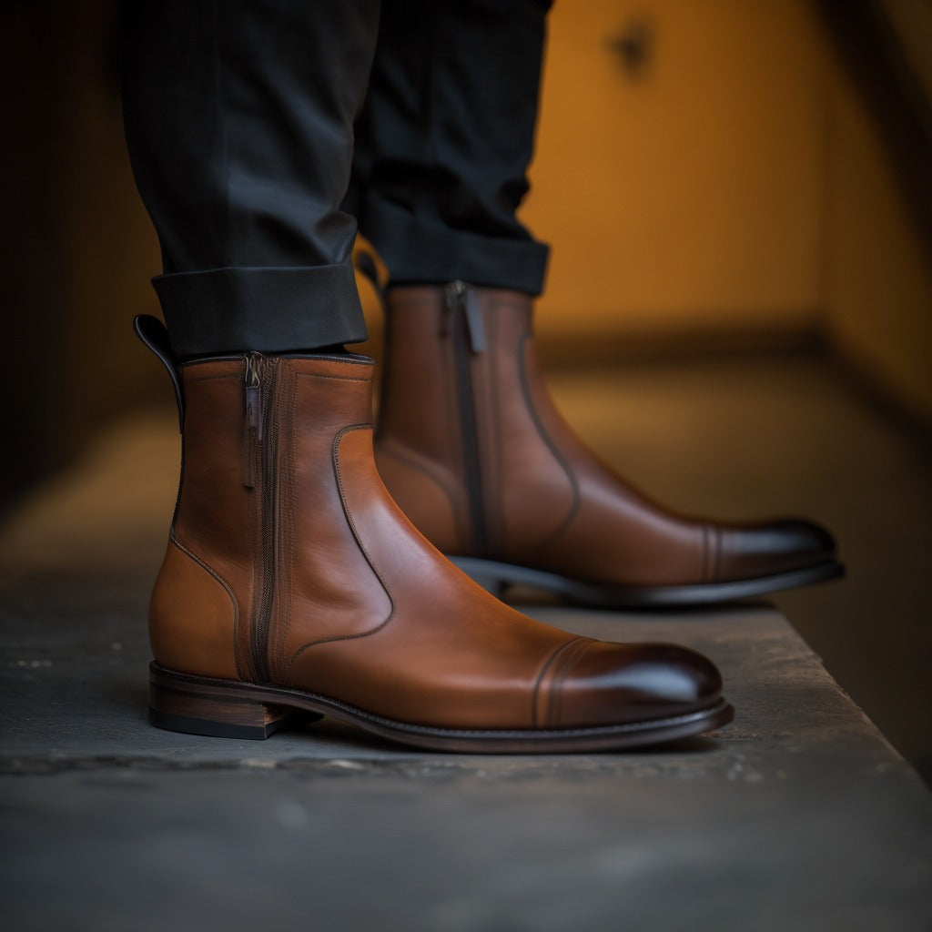 Tan Leather Campbell Slip On Zipper Toe Cap Boots for Men