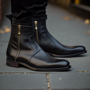 Black Leather Resolution Slip On Zipper Boots