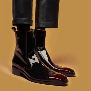 Black Patent Leather Alice Slip On Zipper Boots for Men