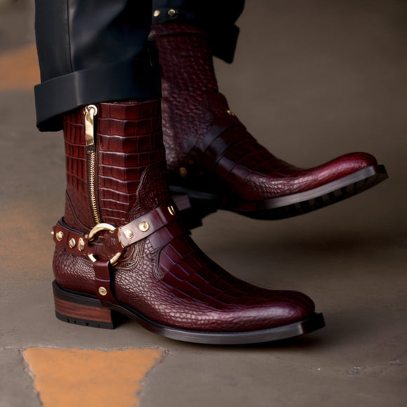 Burgundy Brown Crocodile Print Leather Dewton Slip On Harness Zipper Boots for Men