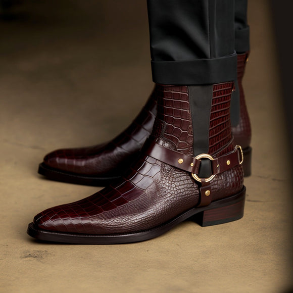 Brown Crocodile Print Leather Danton Slip On Harness Chelsea Boot
