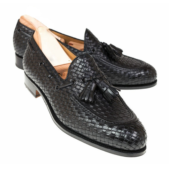 Height Increasing Black Hand Woven Braided Leather Acton Loafers