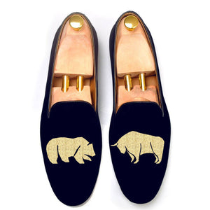 Height Increasing Blue Velvet Bear v/s Bull Embroidered Loafers