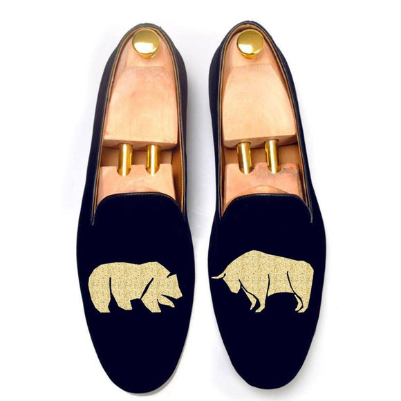 Flat Feet Shoes - Blue Velvet Bear v/s Bull Embroidered Loafers with Arch Support