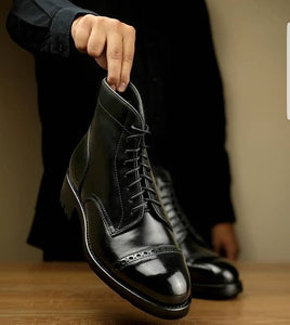 Black Leather Thompson Lace Up Brogue Toe Cap Boots