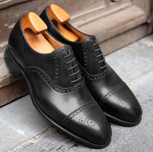 Height Increasing Black Leather Alcacer Brogue Toecap Oxfords - Formal Shoes