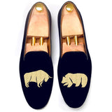 Flat Feet Shoes - Blue Velvet Bull v/s Bear Embroidered Loafers with Arch Support