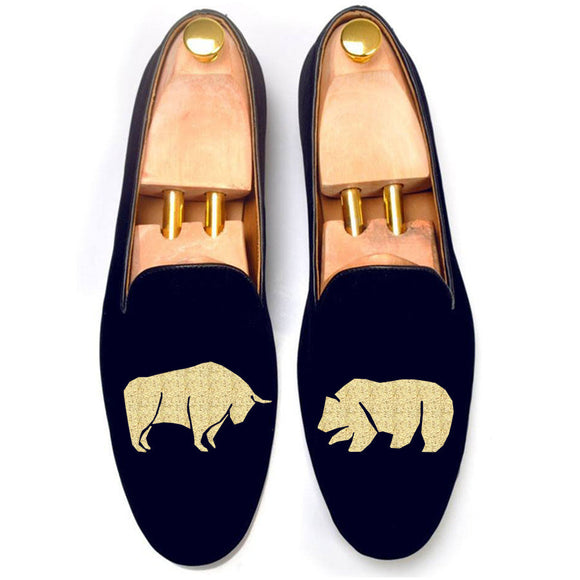 Height Increasing Blue Velvet Bull v/s Bear Embroidered Loafers