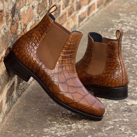 Height Increasing Brown Croc Print Leather Tarragona Slip On Chelsea Boots