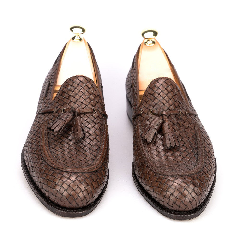 Brown Hand Woven Braided Leather Acton Tassel Loafers – Costoso