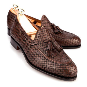 Flat Feet Shoes - Brown Hand Woven Braided Leather Acton Tassel Loafers with Arch Support