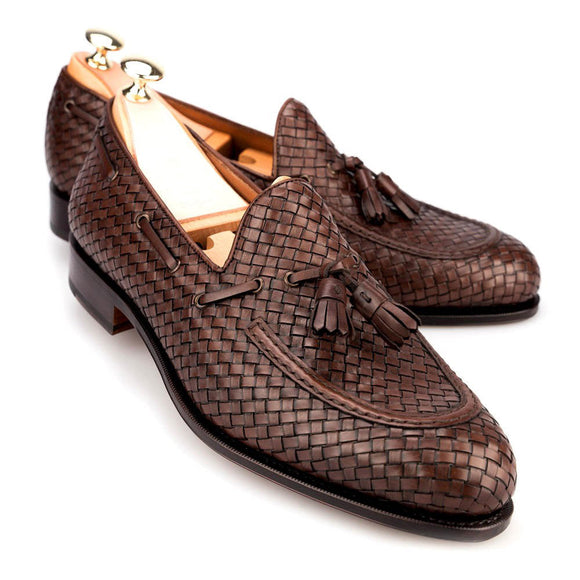 Height Increasing Brown Hand Woven Braided Leather Acton Tassel Loafers