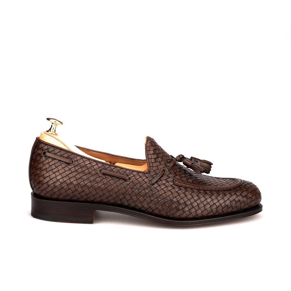 Height Increasing Brown Hand Woven Braided Leather Acton Tassel Loafers