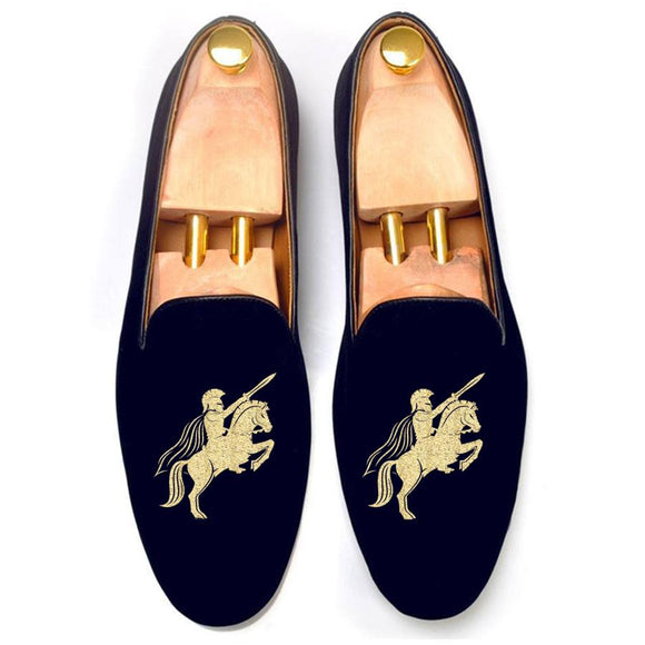 Flat Feet Shoes - Blue Velvet Cavalry Embroidered Loafers with Arch Support