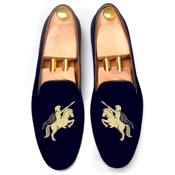 Flat Feet Shoes - Blue Velvet Cavalry Guards Embroidered Loafers with Arch Support