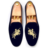 Height Increasing Blue Velvet Cavalry Guards Embroidered Loafers