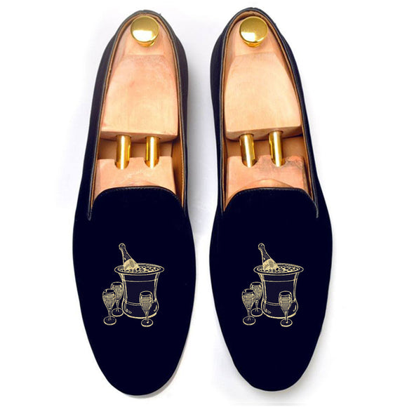Blue Velvet Champagne Party Embroidered Loafers