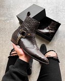 Height Increasing Brown Crocodile/Python Print Italian Leather Wanton Slip On Harness Chelsea Boots 