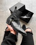 Height Increasing Black Crocodile/Python Print Italian Leather Wanton Slip On Harness Chelsea Boots 