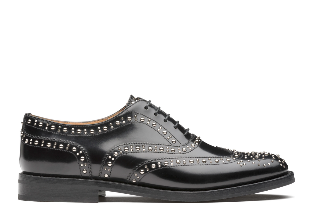 Black Leather Spike Studded Tilomar Wingtip Lace Up Oxfords