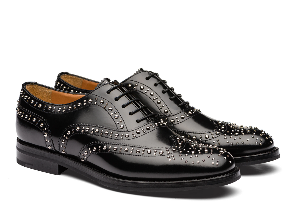 Black Leather Spike Studded Tilomar Wingtip Lace Up Oxfords