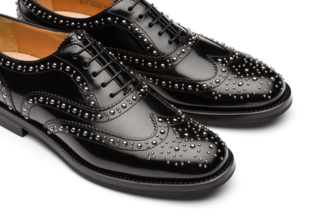 Black Leather Spike Studded Tilomar Wingtip Lace Up Oxfords