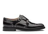 Black Leather Spike Studded Atsabe Wingtip Monk Straps Shoes