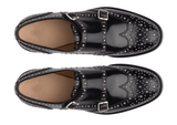 Black Leather Spike Studded Atsabe Wingtip Monk Straps Shoes