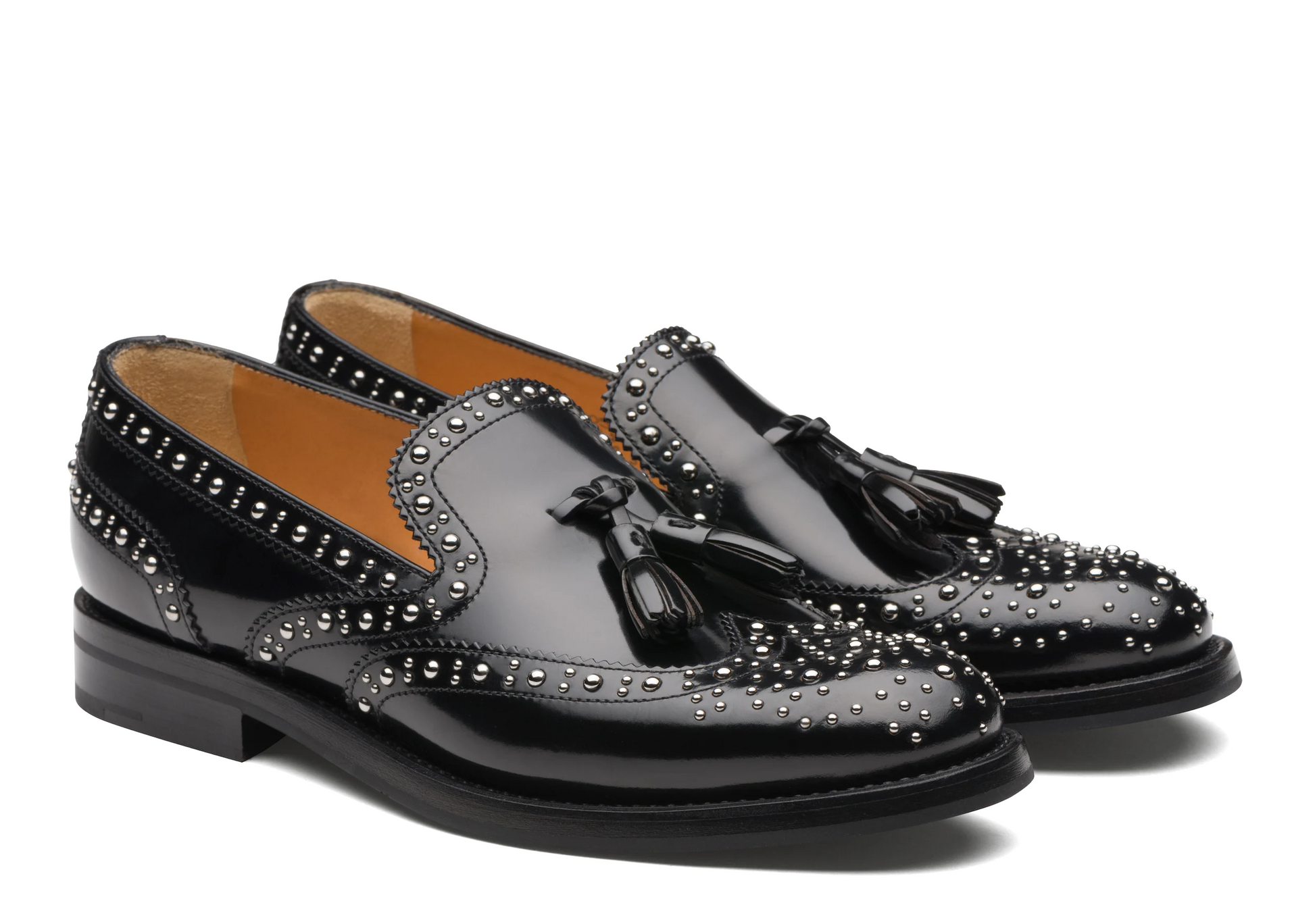 Black Leather Spike Studded Atsabe Wingtip Slip On Tassel Loafers