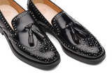 Black Leather Spike Studded Atsabe Wingtip Slip On Tassel Loafers
