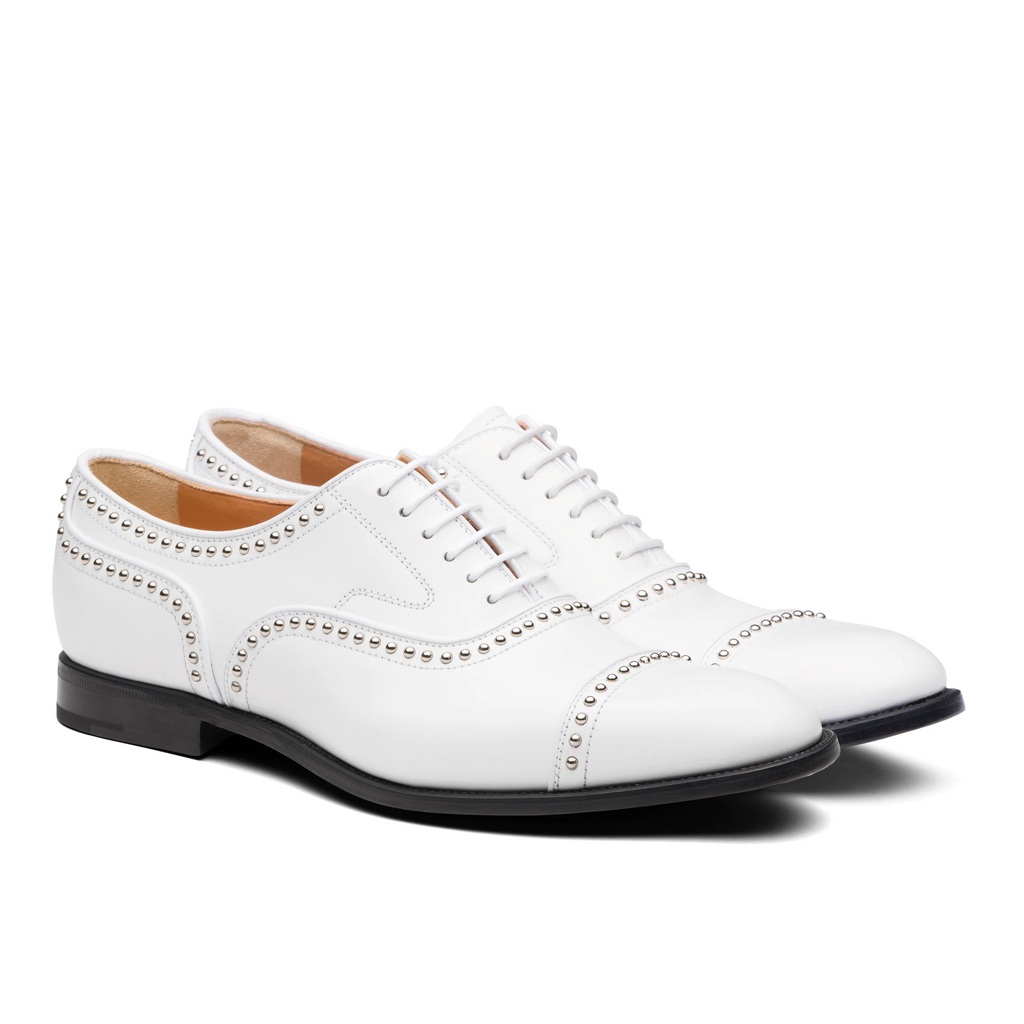White Leather Spike Studded Tilomar Toe Cap Lace Up Oxfords