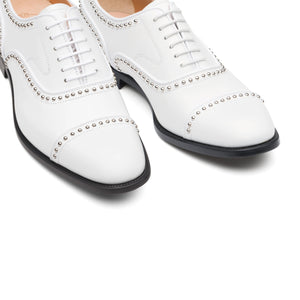 White Leather Spike Studded Tilomar Toe Cap Lace Up Oxfords
