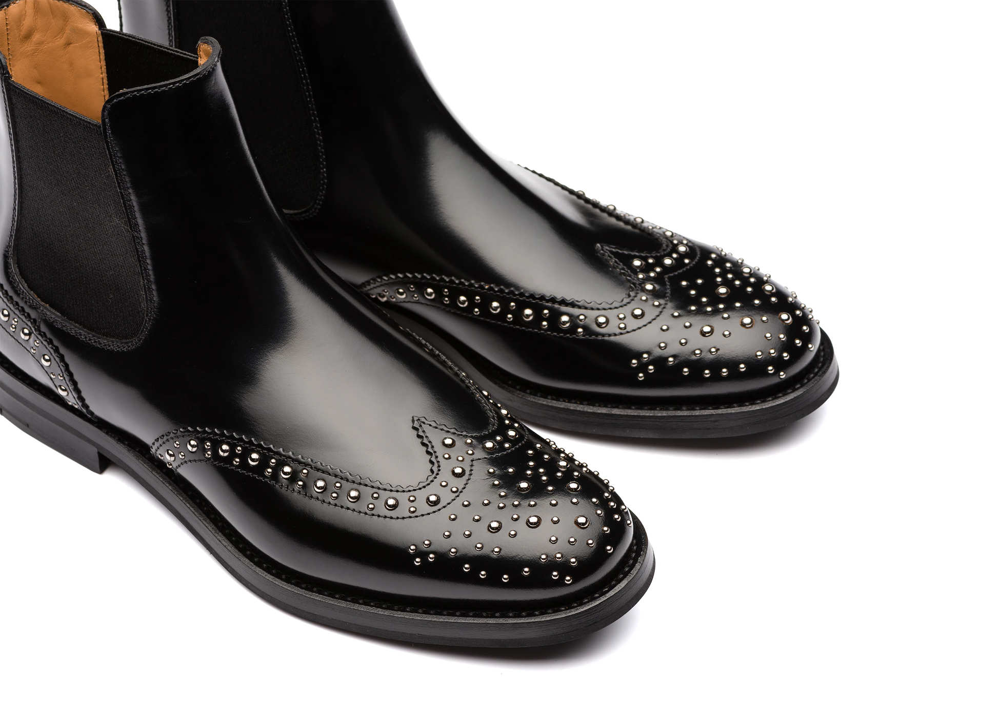 Luxury Edition - Artisian Made Black Italian Leather Spike Studded Fuiloro Wingtip Chelsea Boots