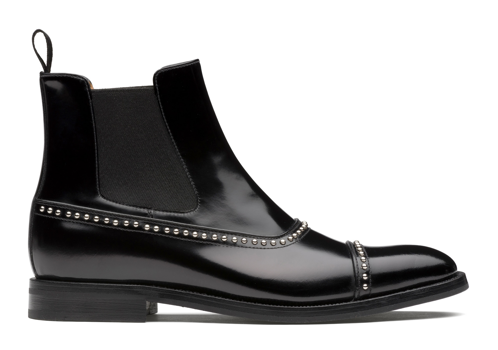 Black Leather Spike Studded Fuiloro Toe Cap Chelsea Boots