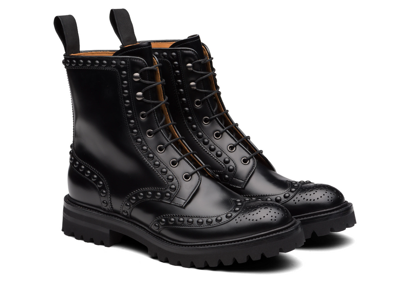 Black Leather Spike Studded Fuiloro Wingtip Chunky Derby Boots