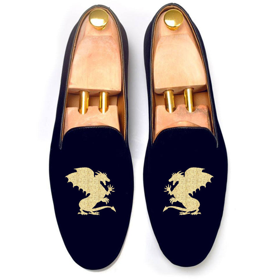 Height Increasing Blue Velvet Dragons Embroidered Loafers